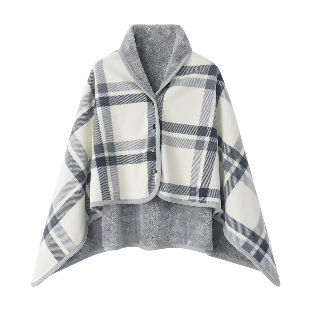 double layer plaid cape shawl reversible checkered wrap for women