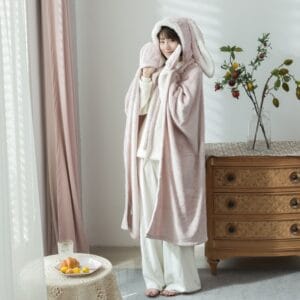 Cute bunny ear shawl for women – soft polyester warm cape – front view in pink