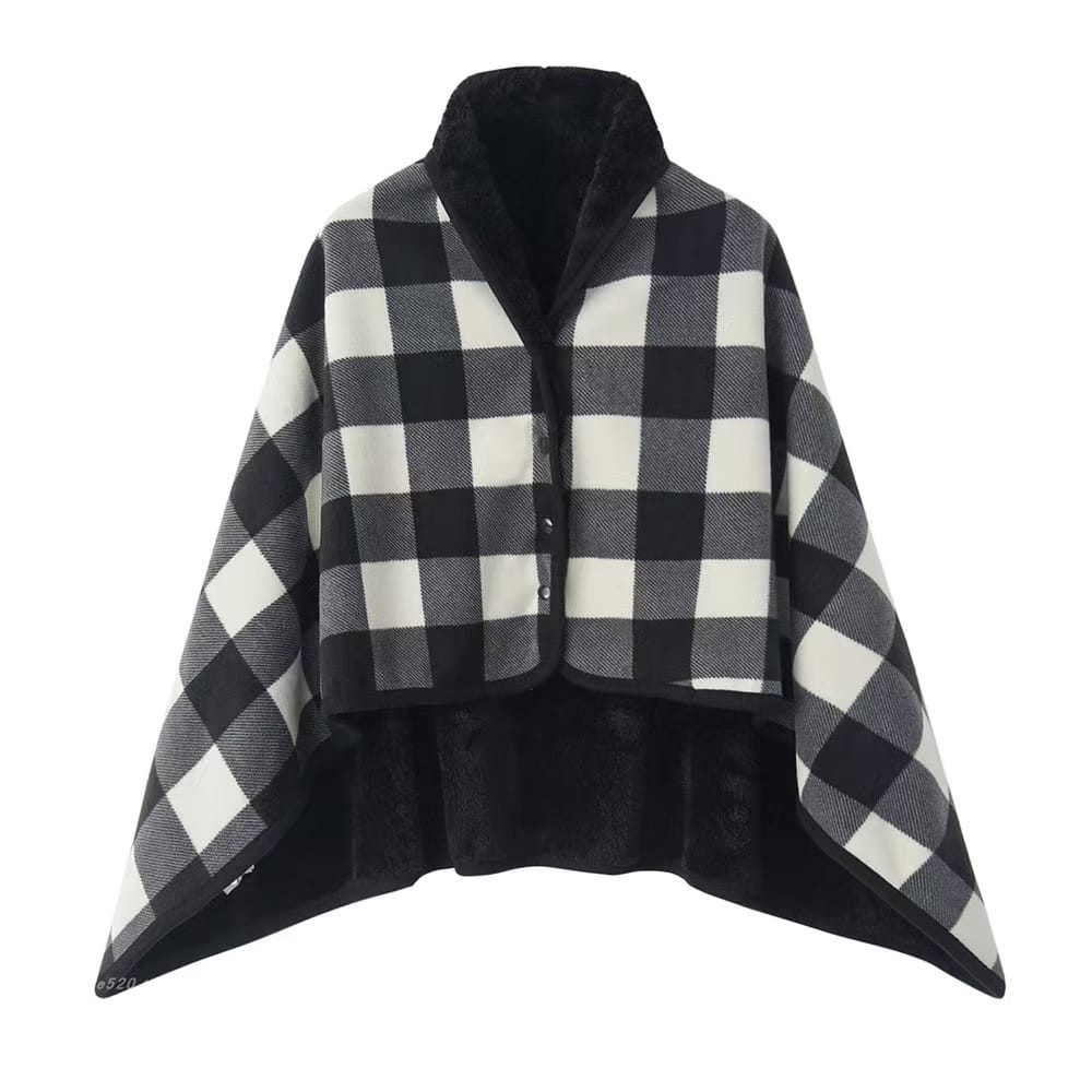 double layer plaid cape shawl reversible checkered wrap for women