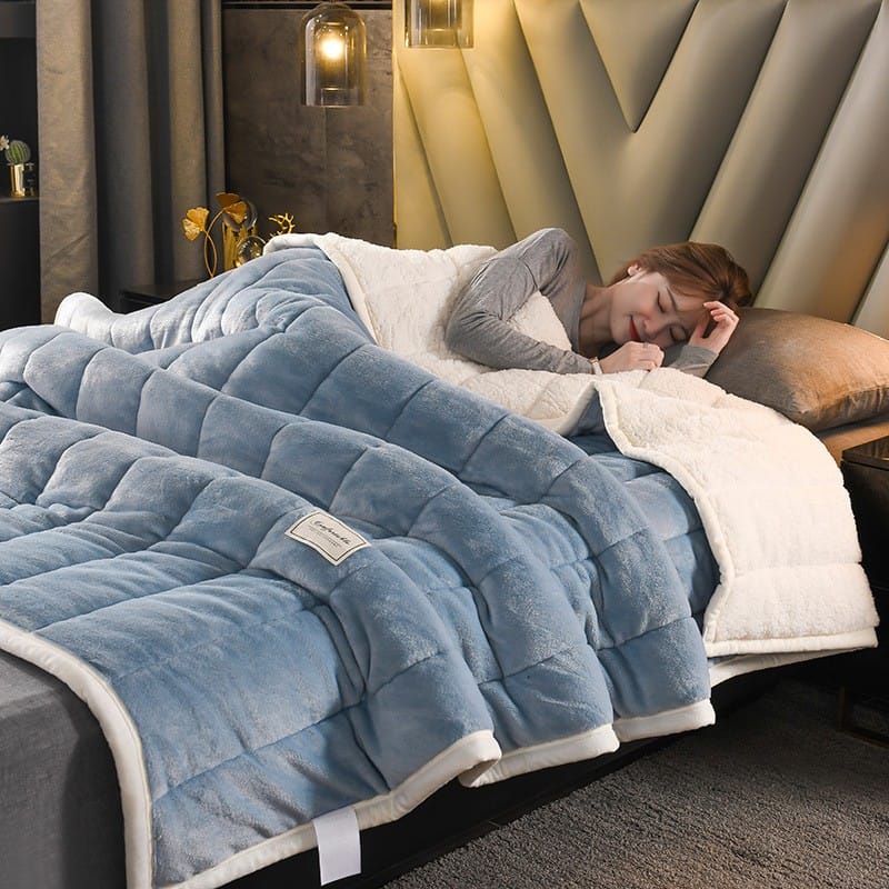 double layer flannel & sherpa quilted blanket with bound edge